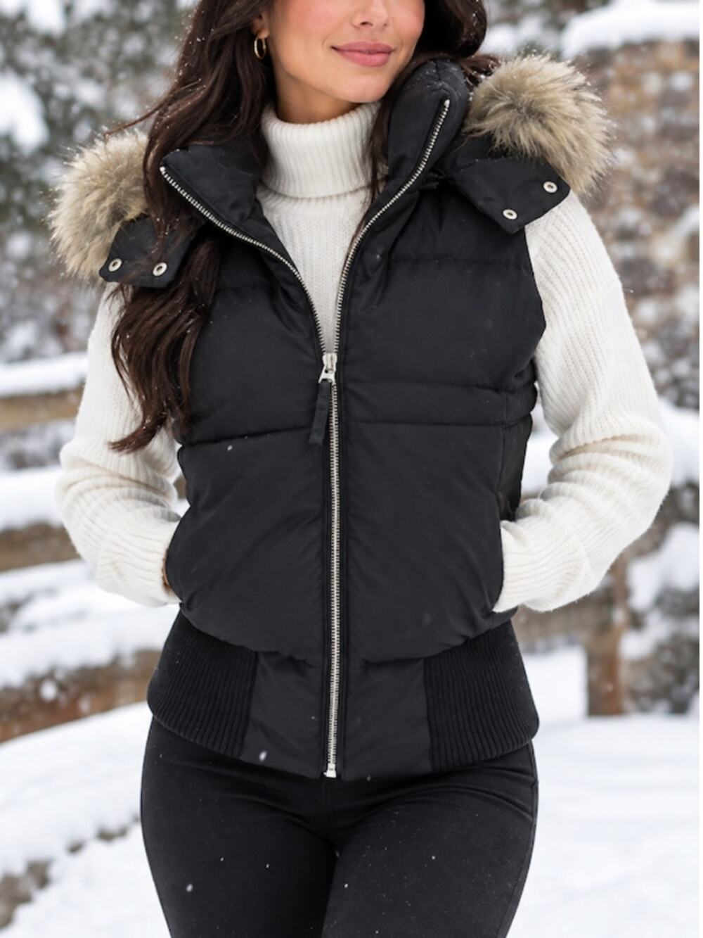 Hollister Black Hooded Crop Puffer Vest with Faux-Fur Trim